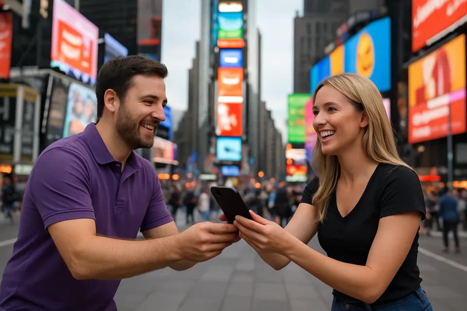 Handing a phone to a QwickPix photographer in Times Square